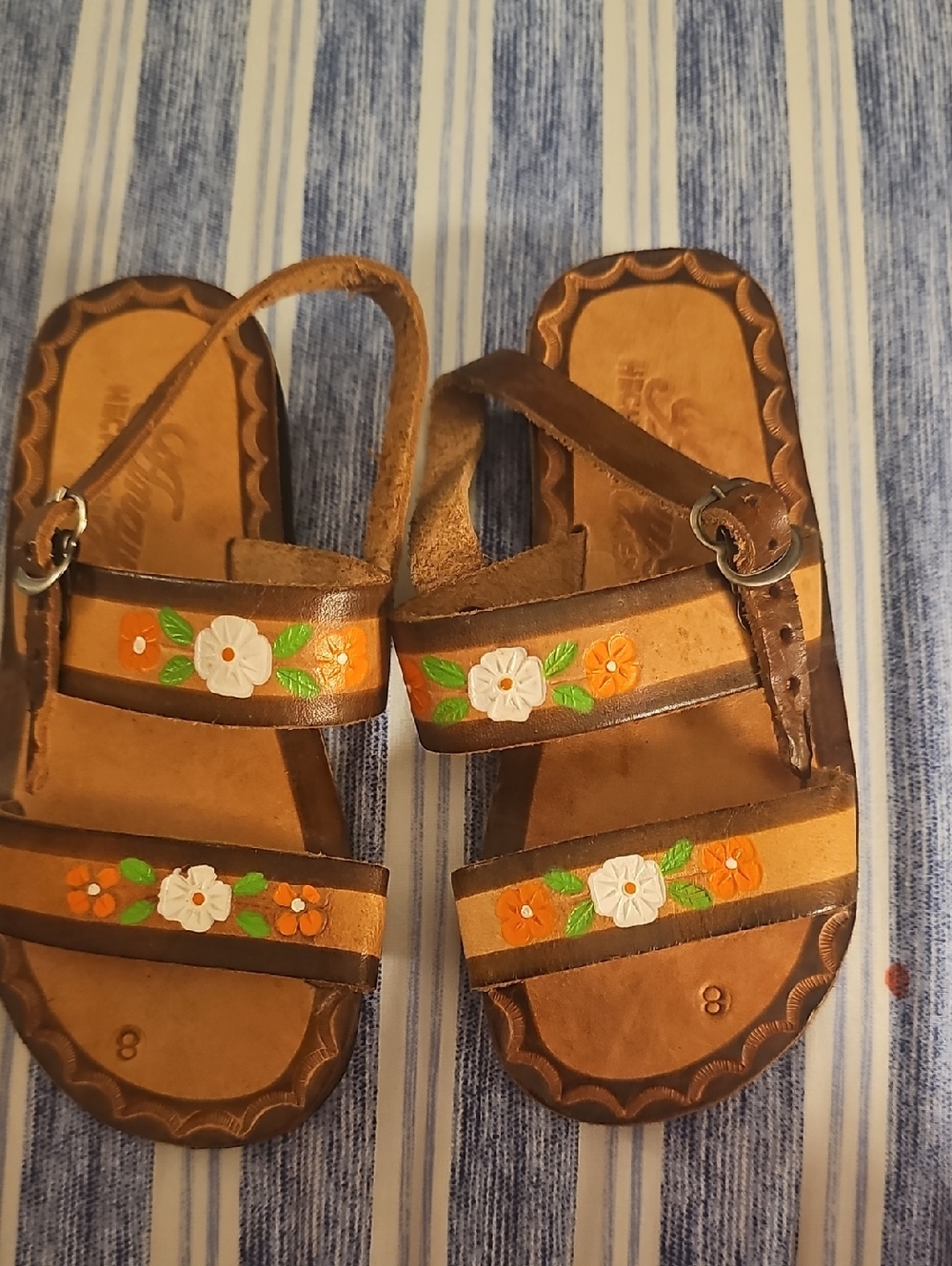 Anay Pe Brown Leather Kids Sandals with Orange & White Floral Accent